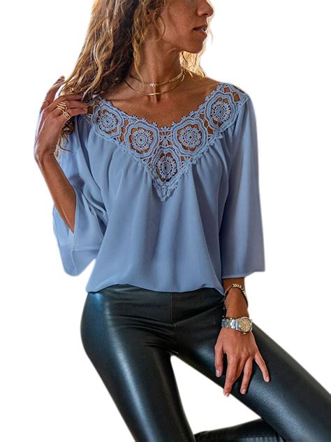 women s 3 4 sleeve plain shirts casual jumper lace v neck blouse loose tops