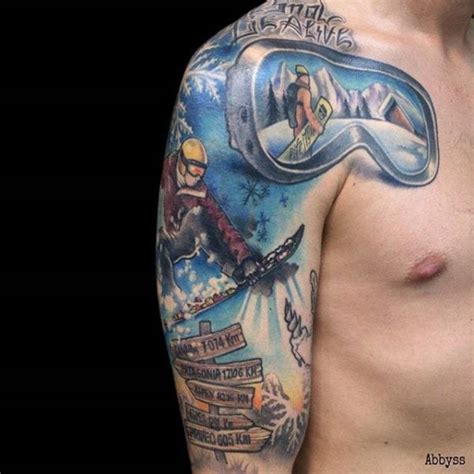 Illustrative Style Colored Shoulder Tattoo Of Snowboarder With Glasses