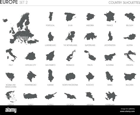 Set Of 30 High Detailed Silhouette Maps Of European Countries And
