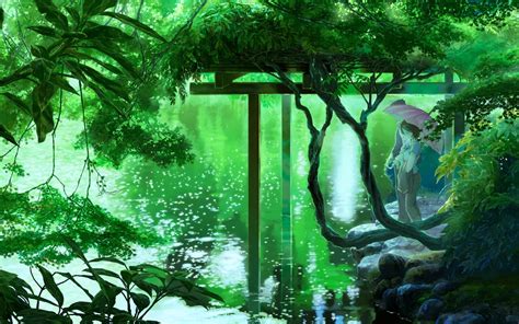 Anime Lake Trees Umbrella Green Wallpapers Hd Desktop And Mobile Backgrounds