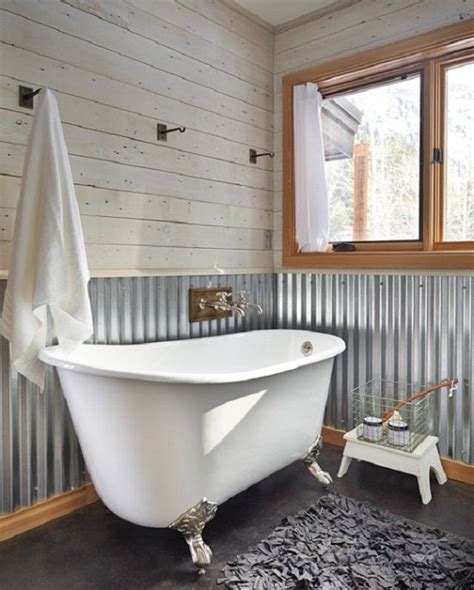 Corrugated Metal Wall At Chair Rail Height In Bath Barn Bathroom