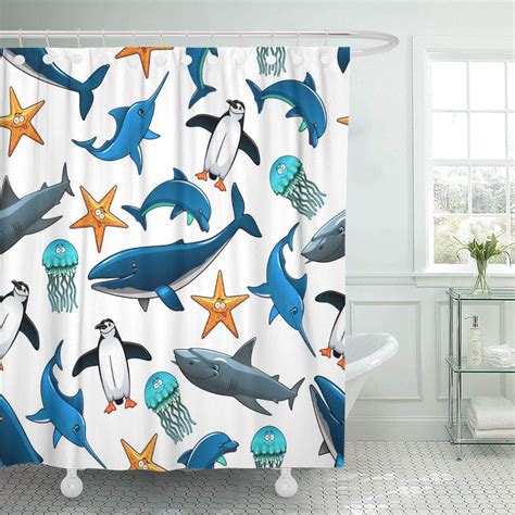 Cynlon Sea And Birds Pattern Big Whales Grey Reef Sharks Bathroom Decor Bath Shower Curtain