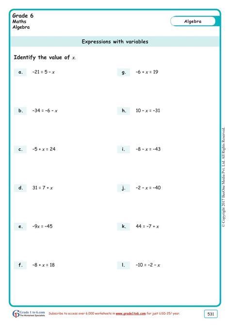 Worksheets Grade 6 Math Expressions With Variables Algebra Algebraic
