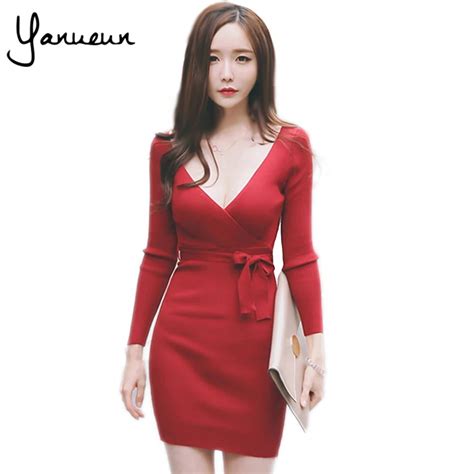 Yanueun Korean Fashion Womens Long Sleeve Stretchy Sexy Knitted Bodycon