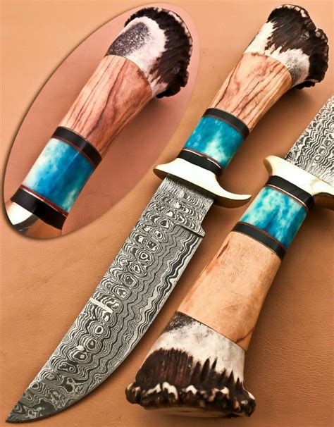 Custom Handmade Damascus Steel Bowie Knife With Stag Crown Handle In