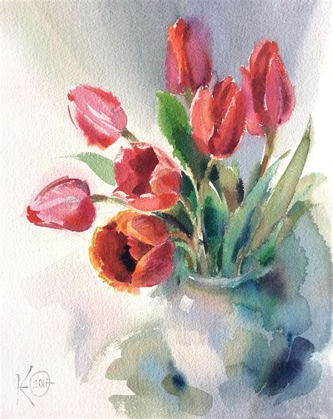 Watercolor Painting Red Tulips By Julia Kirilina Etsy Tulips Art