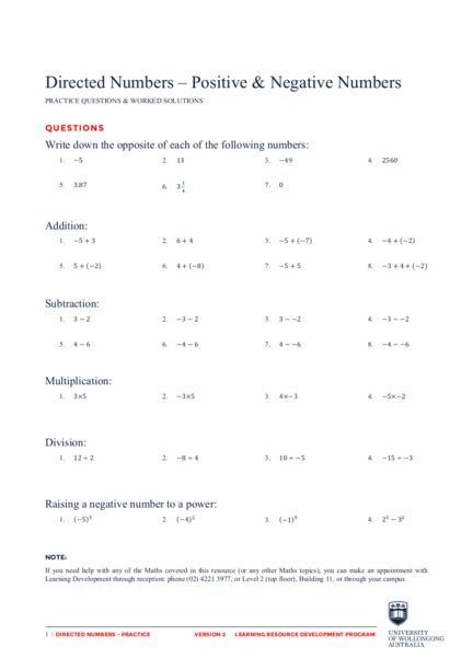 Directed Numbers Multiplication And Division Worksheet