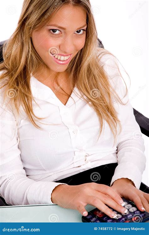 Top View Of Smiling Accountant With Calculator Stock Photo Image Of