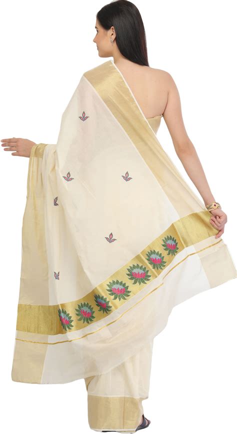 Cream Kasavu Sari From Kerala With Golden Border And Woven Lotuses On