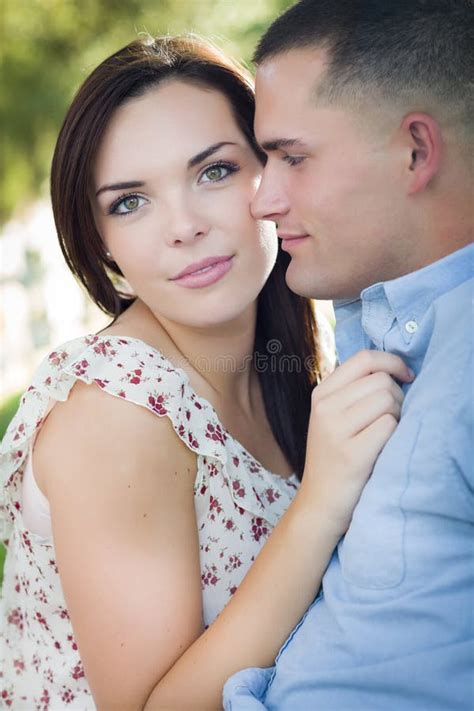 Mixed Race Romantic Couple Portrait In The Park Stock Image Image Of