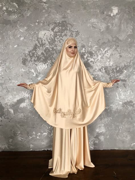 Elegant Beige Muslim Suit Silk Golden Jilbab Wedding Khimar Etsy