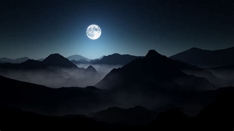 Moon Nature Mountains Landscape Dark Mist Moonlight Starry Night