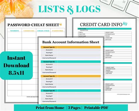 Lists And Log Printables Bank Account Information Sheet Credit Etsy Uk