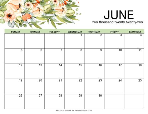 June 2022 Calendar Printable