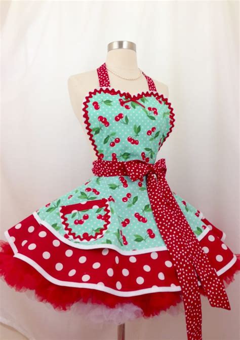 Retro Apron Mint Cherry Dot Pin Up Diner Apron Woman S Etsy