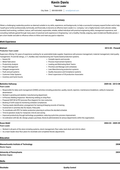 Resume Template For Leadership Position
