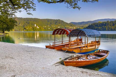 Traditional Pletna Boats On Lake Bled In Slovenia Stock Photo Image