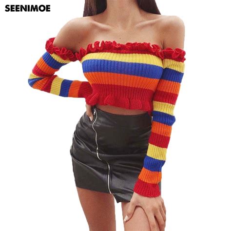 sexy knitted off shoulder crop tops colorful striped women bikini bras top female casual street