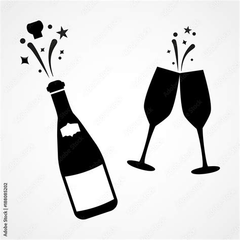 Vecteur Stock Champagne Bottle And Two Glasses Black Silhouette Icons Simple Vector