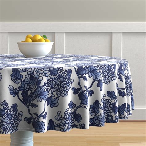 Floral Round Tablecloth Chinoiserie By Olgart Blue Peonies Etsy