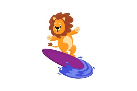 Funny Sports Lion Surfing Enjoying Outd Graphic By Pchvector
