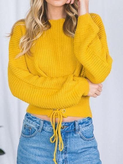 Yellow Eyelet Lace Up Front Long Sleeve Chic Women Sweater Risechic
