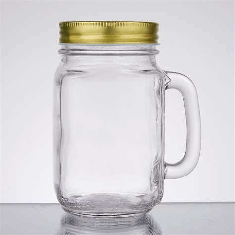Acopa Rustic Charm 16 Oz Mason Jar Drinking Jar With Handle And Gold