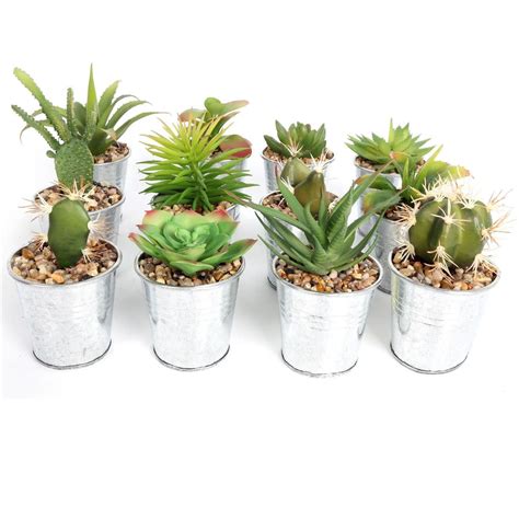 Artificial Mini Succulent Fake Cactus Plant With Metal Planter Tin Pot
