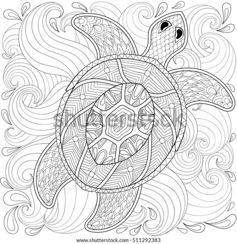 Turtle Ocean Waves Zentangle Style Freehand Stock Illustration