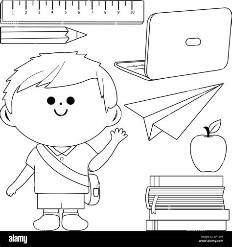 Student Boy And Set Of School Objects Vector Black And White Coloring