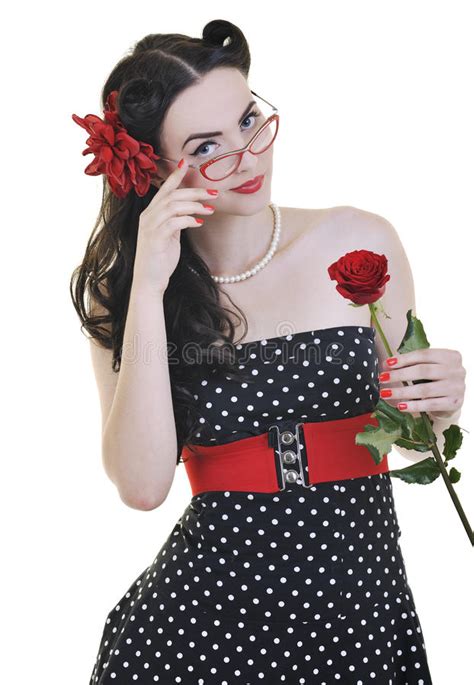 Shocked Romantic Nerdy Girl Holding Red Rose Stock Image Image Of