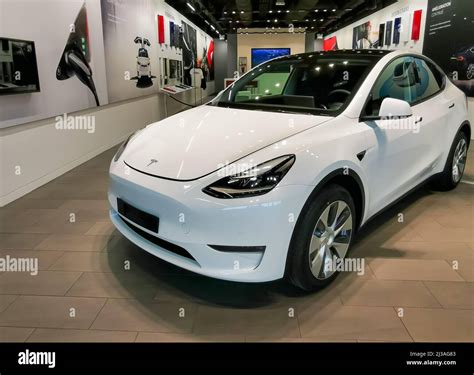 A Brand New Tesla Model 3 Car In A Showroom In Velizy France Stock