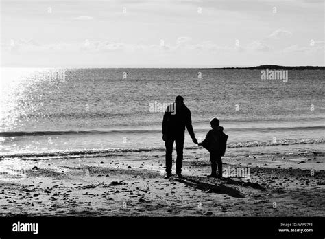 Silhouette Padre E Hijo De Pie En La Orilla En La Playa Contra El