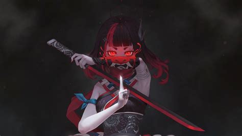 Wallpaper Anime Girls Sword Red Fan Art Devil Ninja Girl