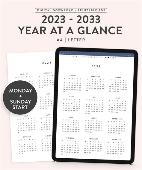 Printable 2023 2033 Yearly Calendars 2023 2033 Year Calendars Annual