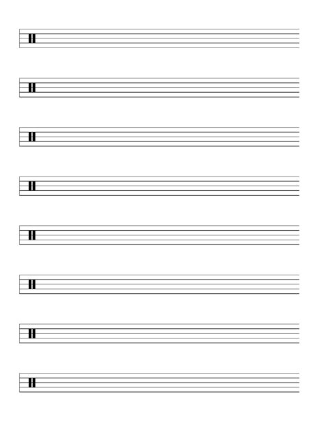 This blank paper includes both the staff and the tab directly underneath it. Staff-Drum Clef Music Paper Free Download