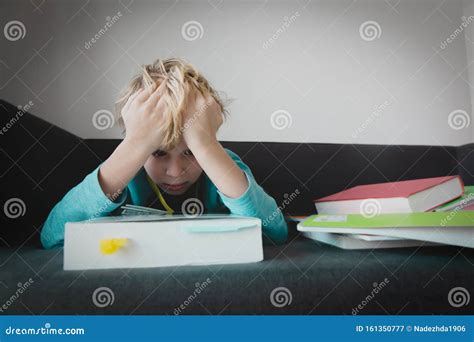 Boy Tired Stressed Of Reading Doing Homework Stock Image Image Of