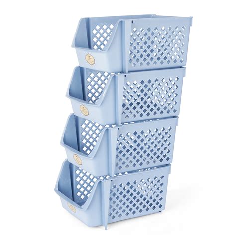 Stackable Storage Bins Set Of 4 Blue Plastic Files Beers Snack Pantry