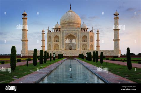 Taj Mahal With Beautiful Blue Sky And Clouds No People Agra India