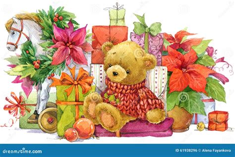 Teddy Bear And Christmas Ts New Year And Christmas Background Stock