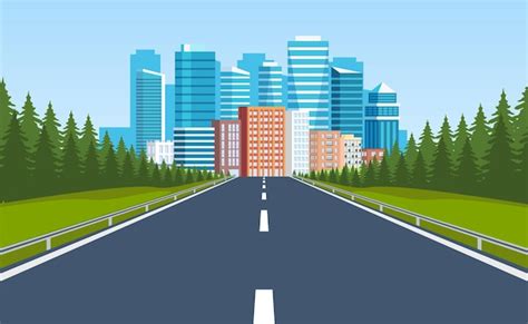 Premium Vector Road Way To City Buildings On Horizon
