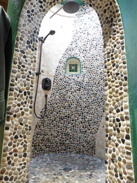 Stone Shower With Mexican Tile Niche Stone Shower Global Inspired Decor Pebble Patio