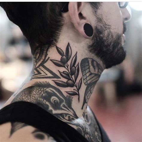 Black Olive Branch Tattoo On The Right Side Of The Neck By Jonas