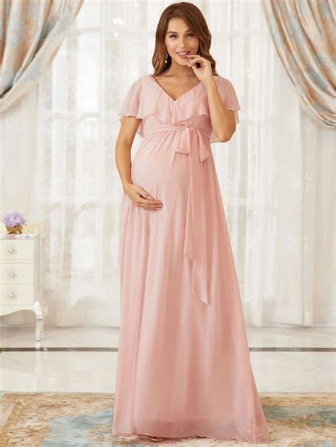 Ever Pretty Maternity Ruffle Trim Belted Chiffon Maxi Dress In 2024