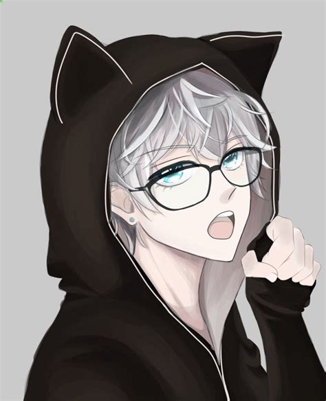 An Anime Character Wearing Glasses And A Black Cat Hoodie With His