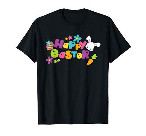 Happy Easter T Shirt With Bunnies Eggs Flowers Carrots