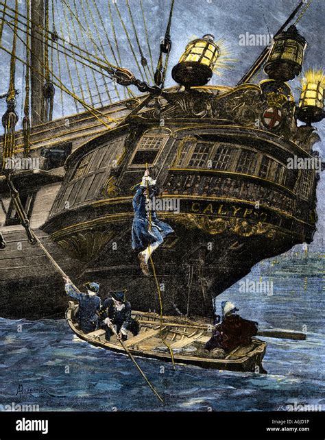 Men Descending From The Stern Of A Sailing Ship 1700s Hand Colored