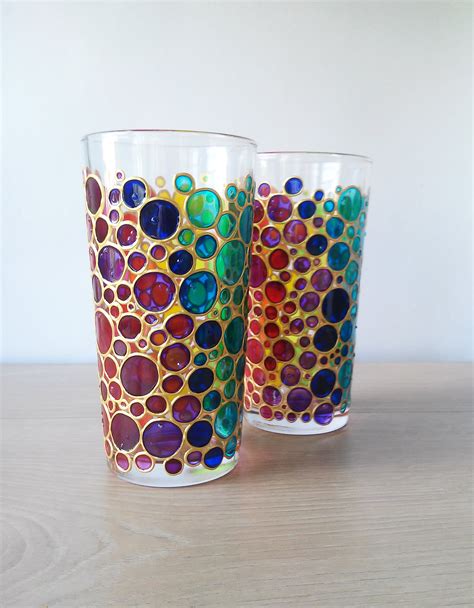 Rainbow Drinking Glasses Set Of 2 Couple Glass Hand Painted Etsy Uk