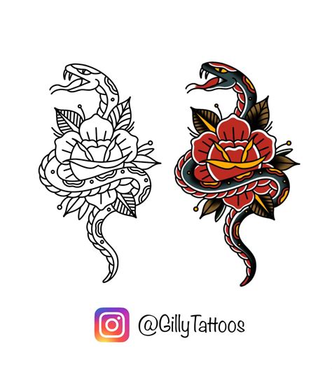 Traditional Snake And Rose Tattoo Design Traditional Rose Tattoos