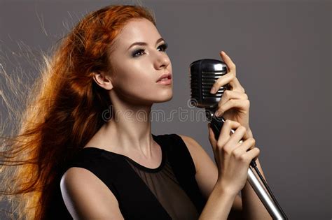 Singing Woman With Retro Microphone Stock Image Image Of Musician
